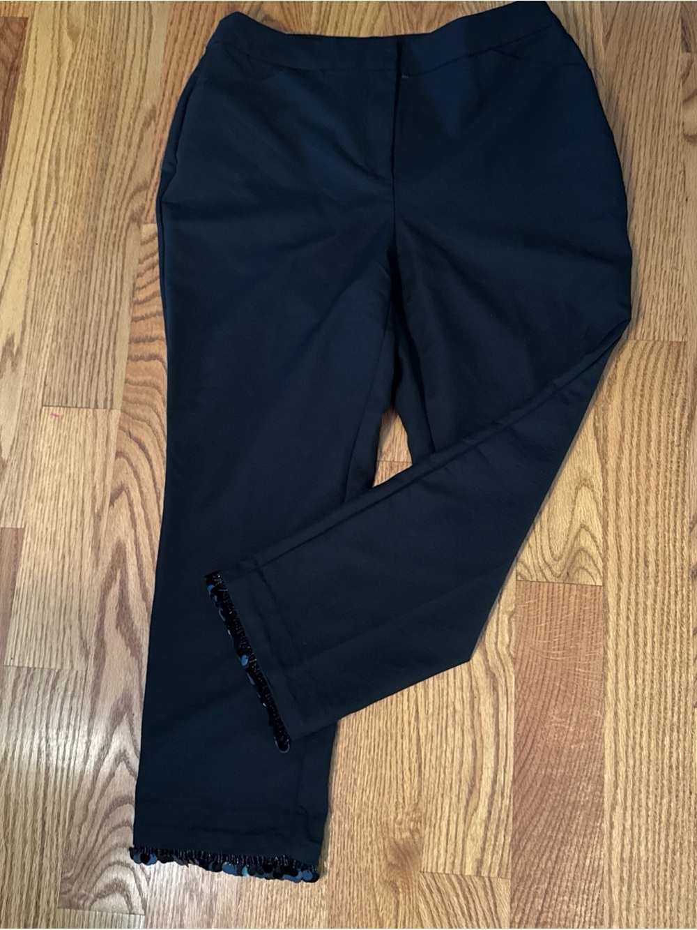 Chico's Black Straight-Leg Pants with gem Fringe Hem